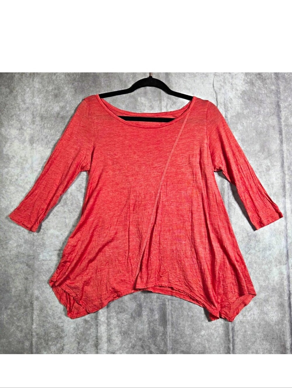 Eileen Fisher Asymmetrical Tunic Top Womens Small Coral Red Slub Knit 3/4 Sleeve